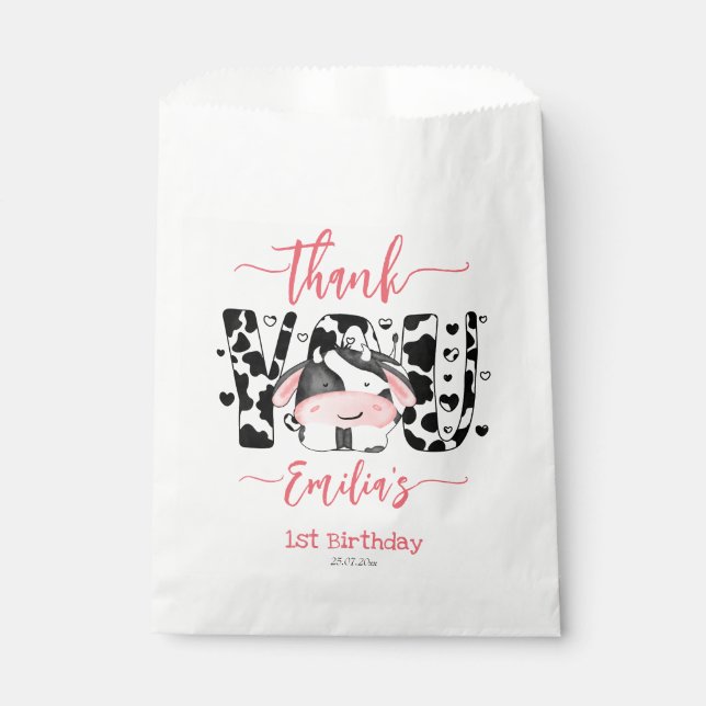 Cow birthday party cow pattern pink thank you  favour bag (Front)