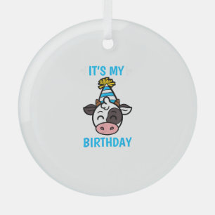 Cow Birthday Party Hat Cattleman Farmer Bday Theme Glass Ornament