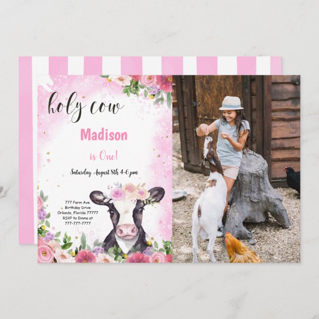 Cow Birthday Photo Invitation (Front/Back)