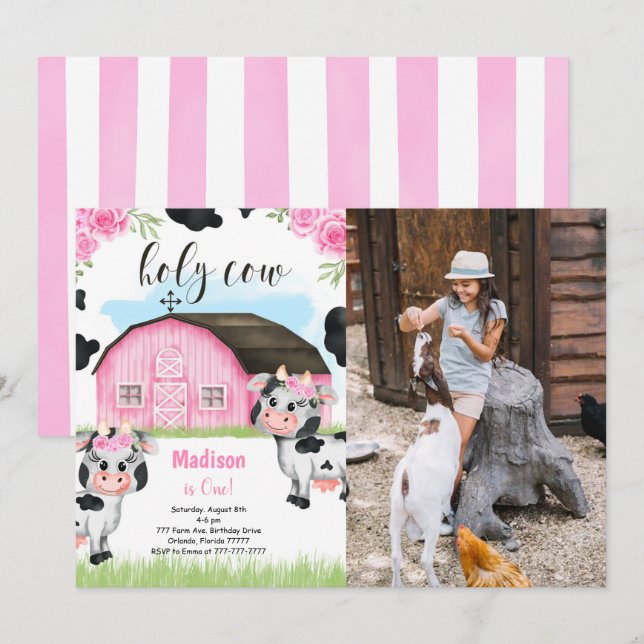 Cow Birthday Photo Invitation (Front/Back)