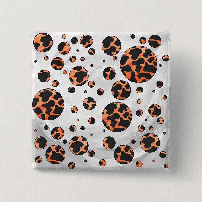 Cow Black and Orange Polka Dot Print 2 Inch Square Button (Front)