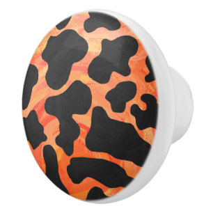 Cow Black and Orange Print Ceramic Knob