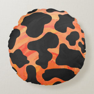 Cow Black and Orange Print Round Pillow