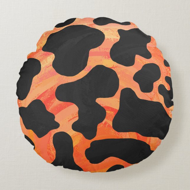 Cow Black and Orange Print Round Pillow (Front)