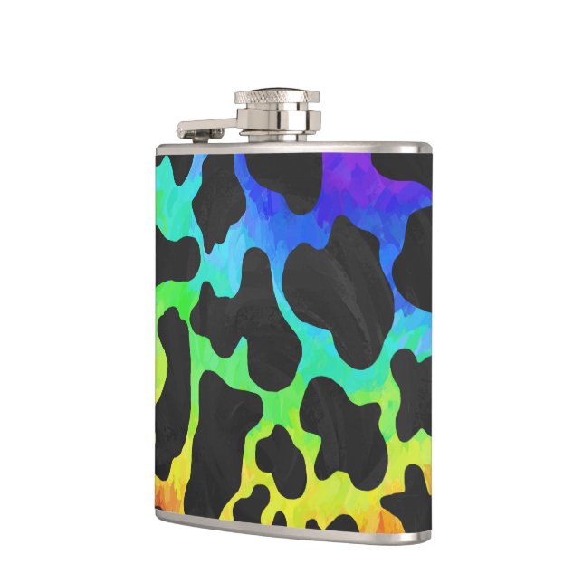 Cow Black and Rainbow Print Hip Flask (Left)