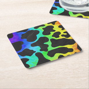 Cow Black and Rainbow Stuff Square Paper Coaster