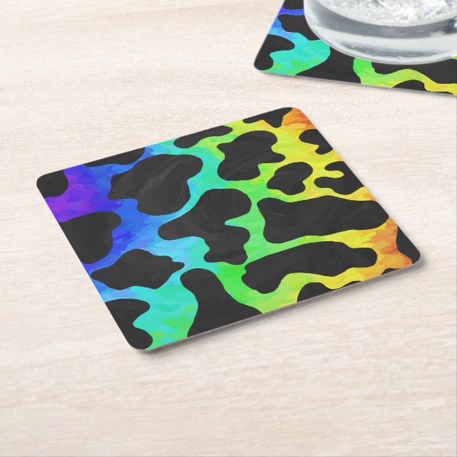 Cow Black and Rainbow Stuff Square Paper Coaster (Angled)