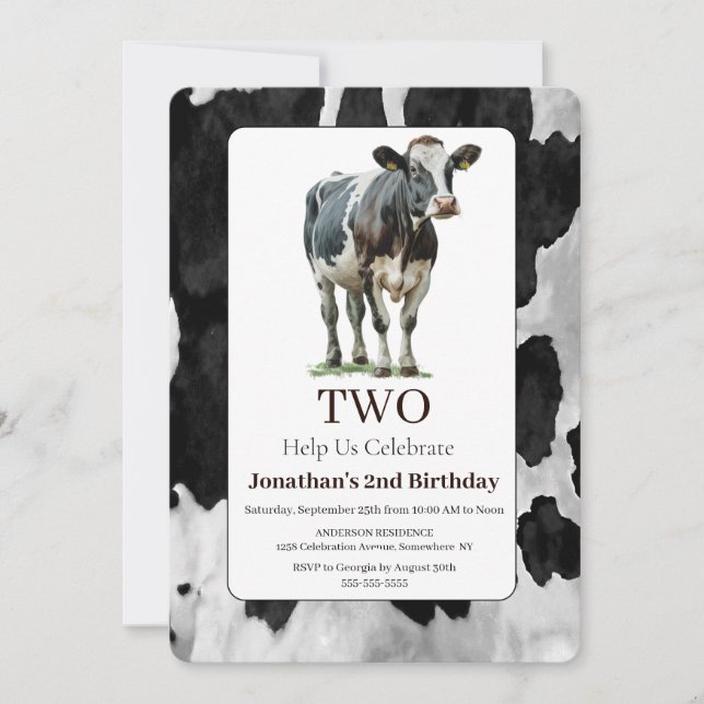 Cow Black and White 2nd Birthday Invitation  (Front)