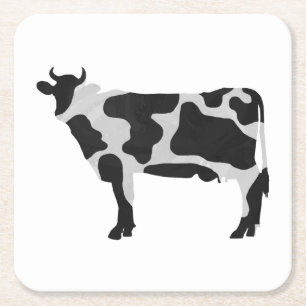 Cow Black and White Silhouette Square Paper Coaster