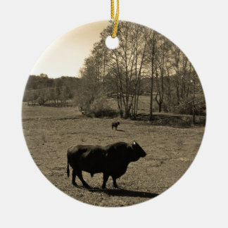 Cow, Black bull. Sepia Tone Photo Ceramic Ornament