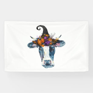 Cow Black White Halloween Witch Banner