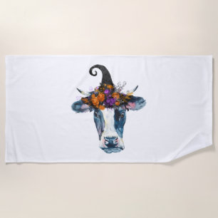 Cow Black White Halloween Witch Beach Towel