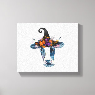 Cow Black White Halloween Witch Canvas Print