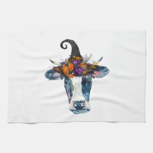 Cow Black White Halloween Witch Kitchen Towel