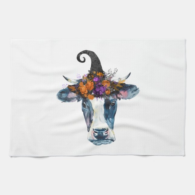 Cow Black White Halloween Witch Kitchen Towel (Horizontal)