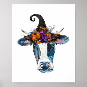 Cow Black White Halloween Witch Poster
