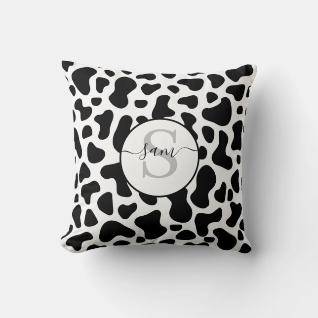 Cow Black White Patch Monogram Throw Pillow (Front)