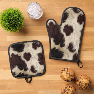 Cow Black White Spots Fur Oven Mitt & Pot Holder Set