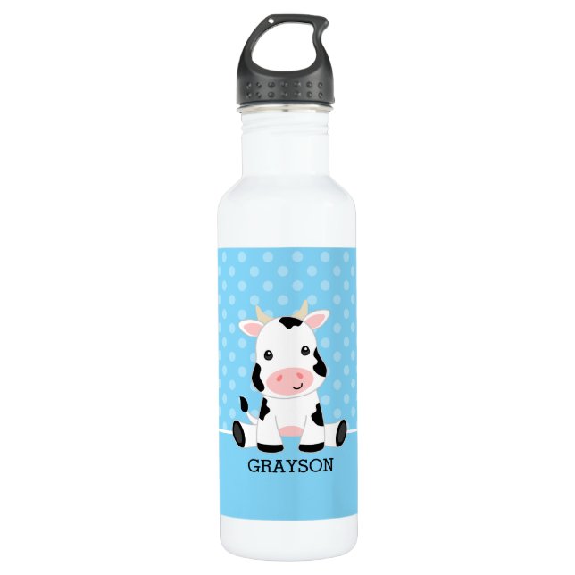 Cow Blue Polka Dot Personalized Boy 710 Ml Water Bottle (Front)