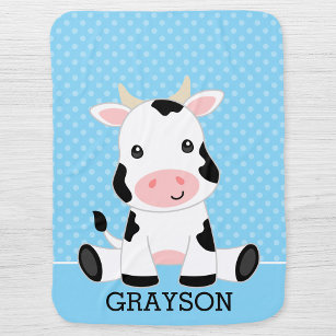 Cow Blue Polka Dot Personalized Boy Baby Blanket