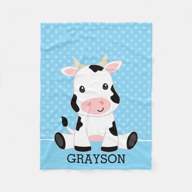 Cow Blue Polka Dot Personalized Boy Fleece Blanket (Front)