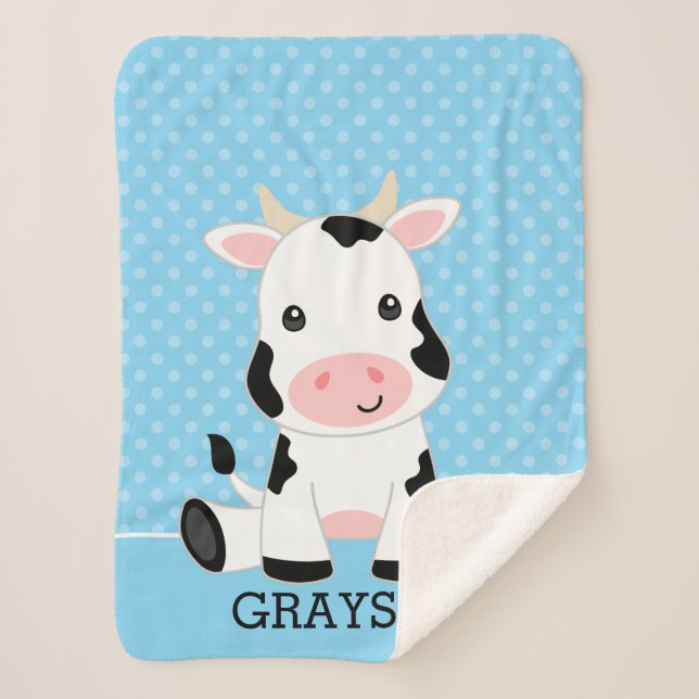 Cow Blue Polka Dot Personalized Boy Sherpa Blanket (Front)