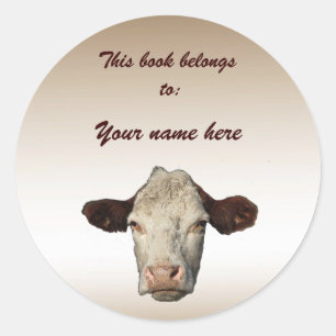 Cow Bookplate Classic Round Sticker