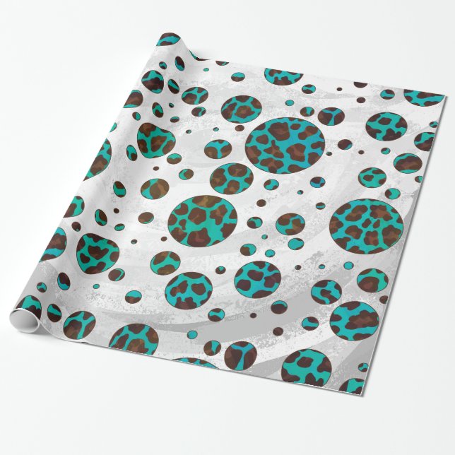 Cow Brown and Teal Polka Dot Wrapping Paper (Unrolled)