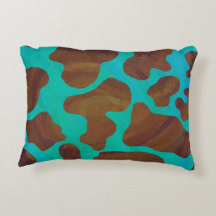 Cow Brown and Teal Print Accent Pillow