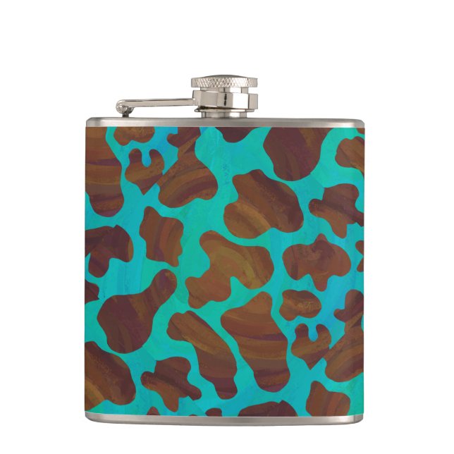 Cow Brown and Teal Print Hip Flask (Front)