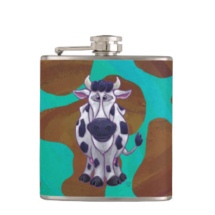 Cow Brown and Teal Print Hip Flask