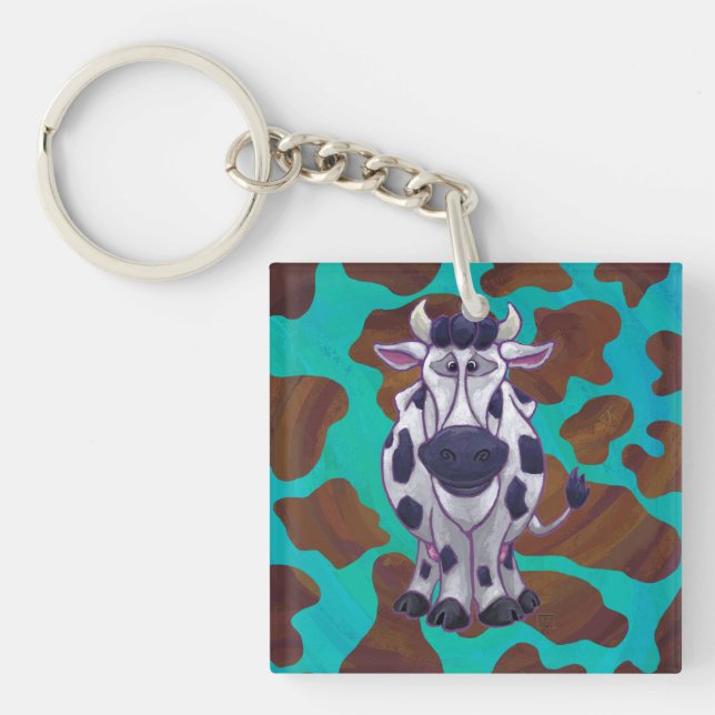 Cow Brown and Teal Print Keychain (Front)