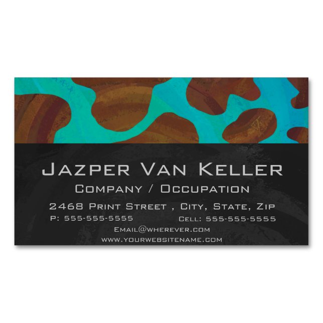 Cow Brown and Teal Print Magnetic Business Card (Front)