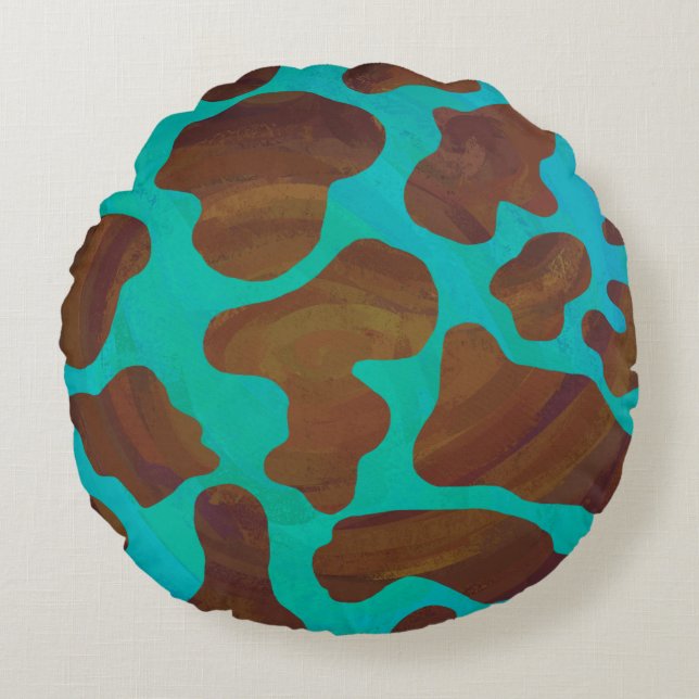 Cow Brown and Teal Print Round Pillow (Front)
