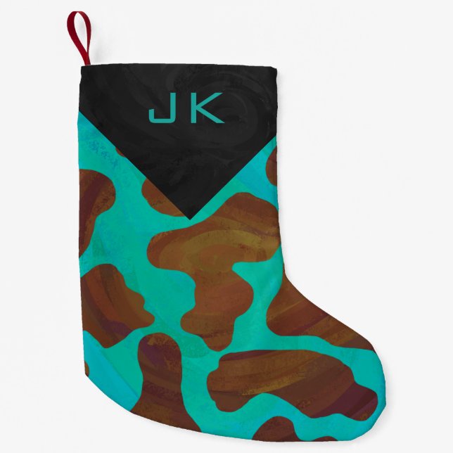Cow Brown and Teal Print Small Christmas Stocking (Front)