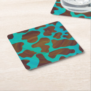 Cow Brown and Teal Print Square Paper Coaster
