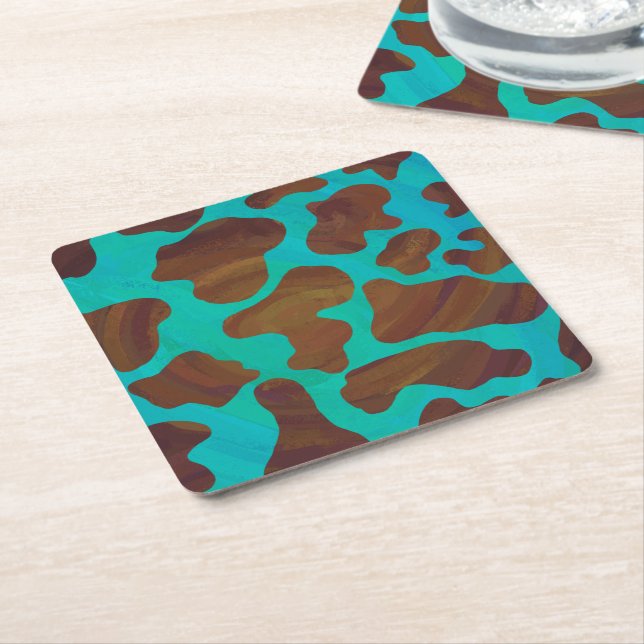 Cow Brown and Teal Print Square Paper Coaster (Angled)