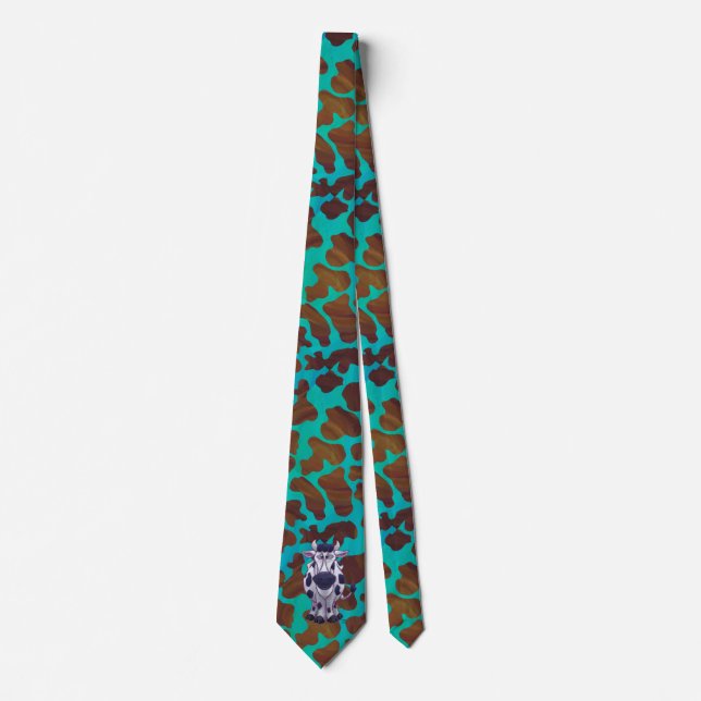 Cow Brown and Teal Print Tie (Front)