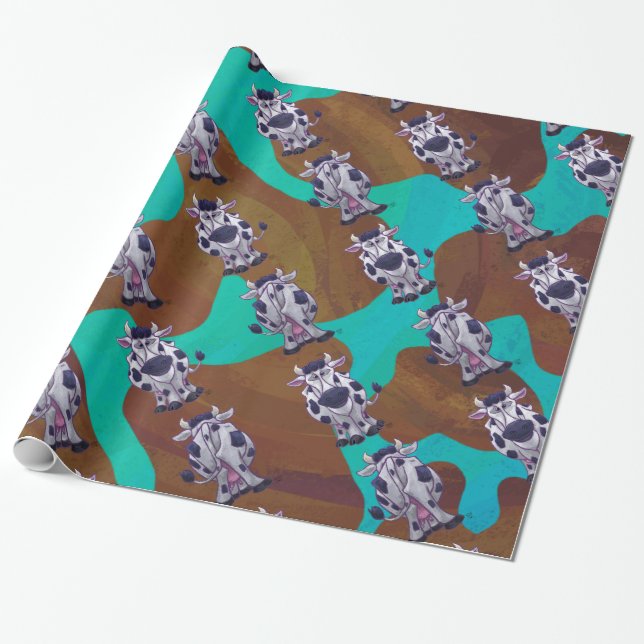 Cow Brown and Teal Print Wrapping Paper (Unrolled)