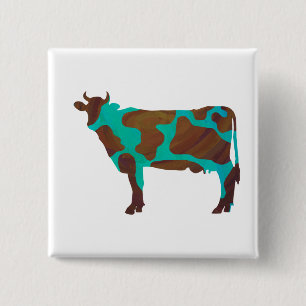Cow Brown and Teal Silhouette 2 Inch Square Button