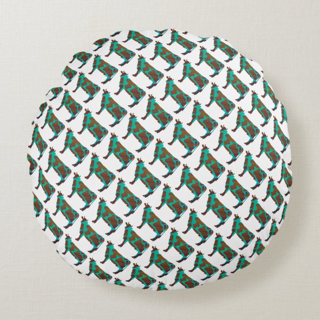 Cow Brown and Teal Silhouette Round Pillow (Front)