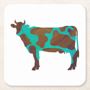 Cow Brown and Teal Silhouette Square Paper Coaster
