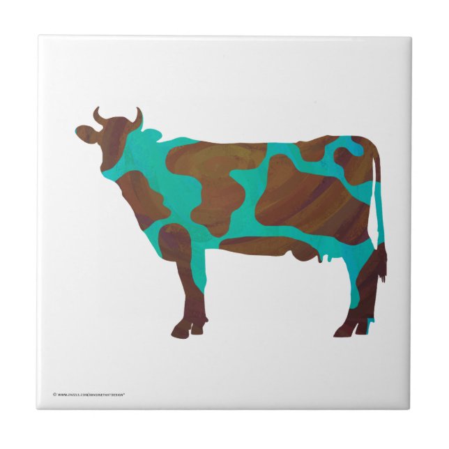 Cow Brown and Teal Silhouette Tile (Front)