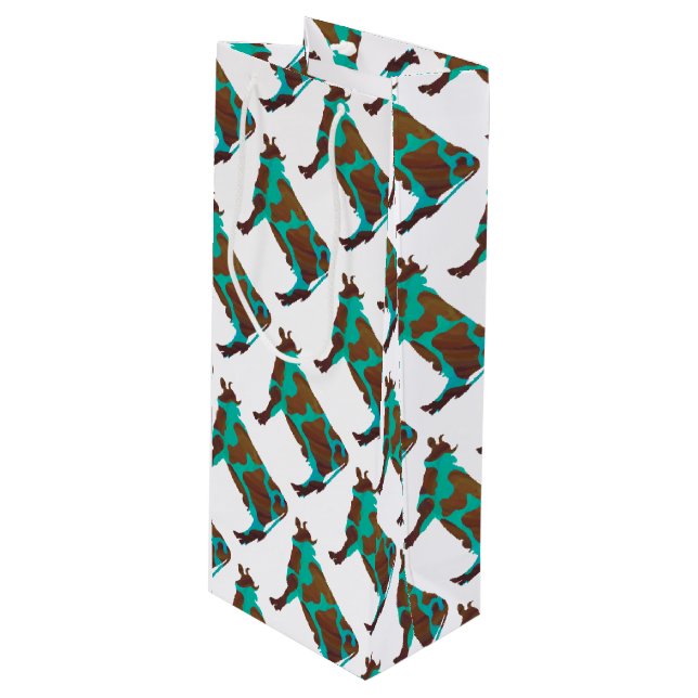 Cow Brown and Teal Silhouette Wine Gift Bag (Front Angled)