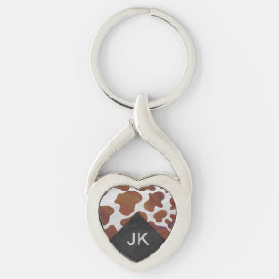 Cow Brown and White Monogram Keychain