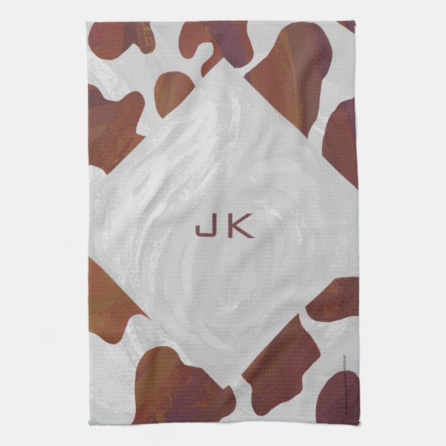 Cow Brown and White Monogram Kitchen Towel (Vertical)