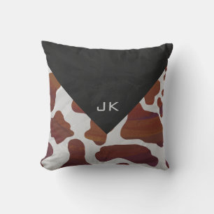 Cow Brown and White Monogram Throw Pillow