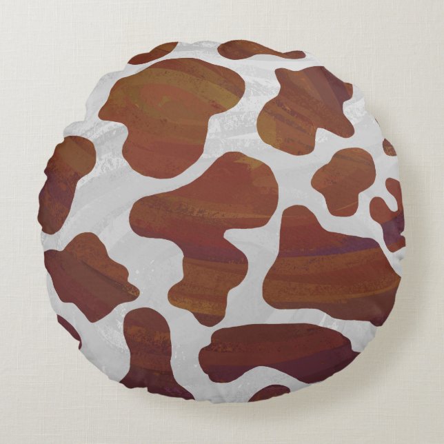 Cow Brown and White Print Round Pillow (Front)