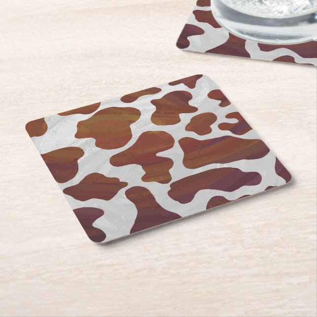 Cow Brown and White Print Square Paper Coaster (Angled)