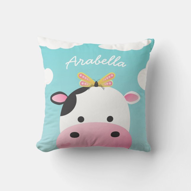 Cow & Butterfly BFFs Custom Name Throw Pillow (Front)
